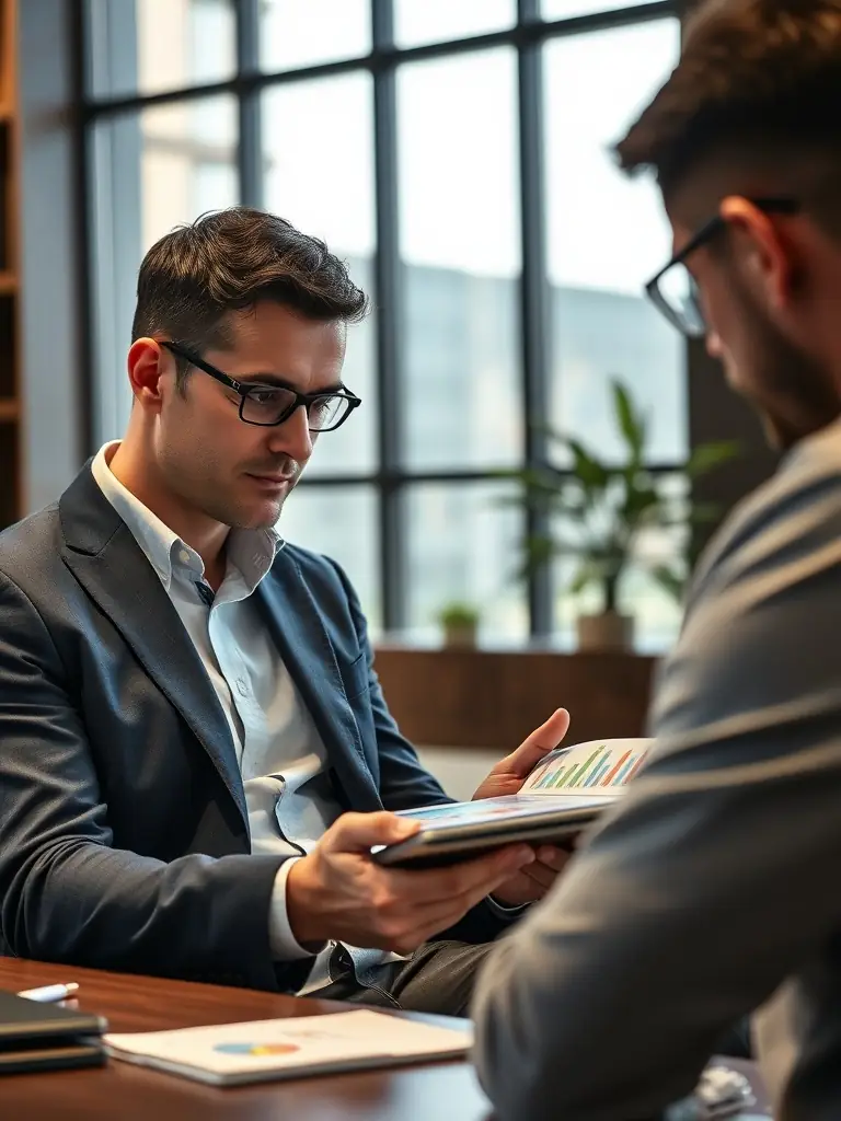 An image of a financial advisor reviewing investment charts and strategies with a client in a modern office setting, representing Investment Strategy Planning.