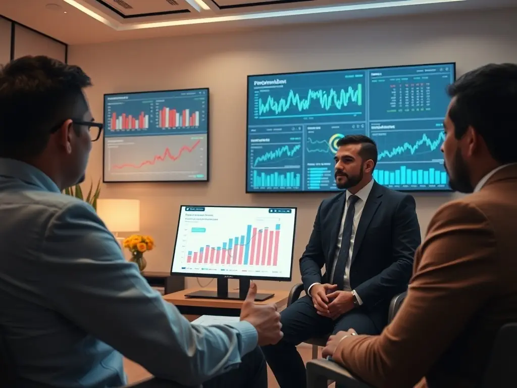 A professional financial advisor discussing wealth management plans with a client using digital tablets and charts, showcasing data relevant to the Mexican economy.