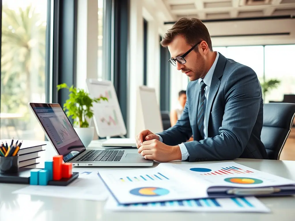 An image of a consultant presenting financial plans to a client using a laptop and visual charts, highlighting key financial indicators specific to the Mexican economy.