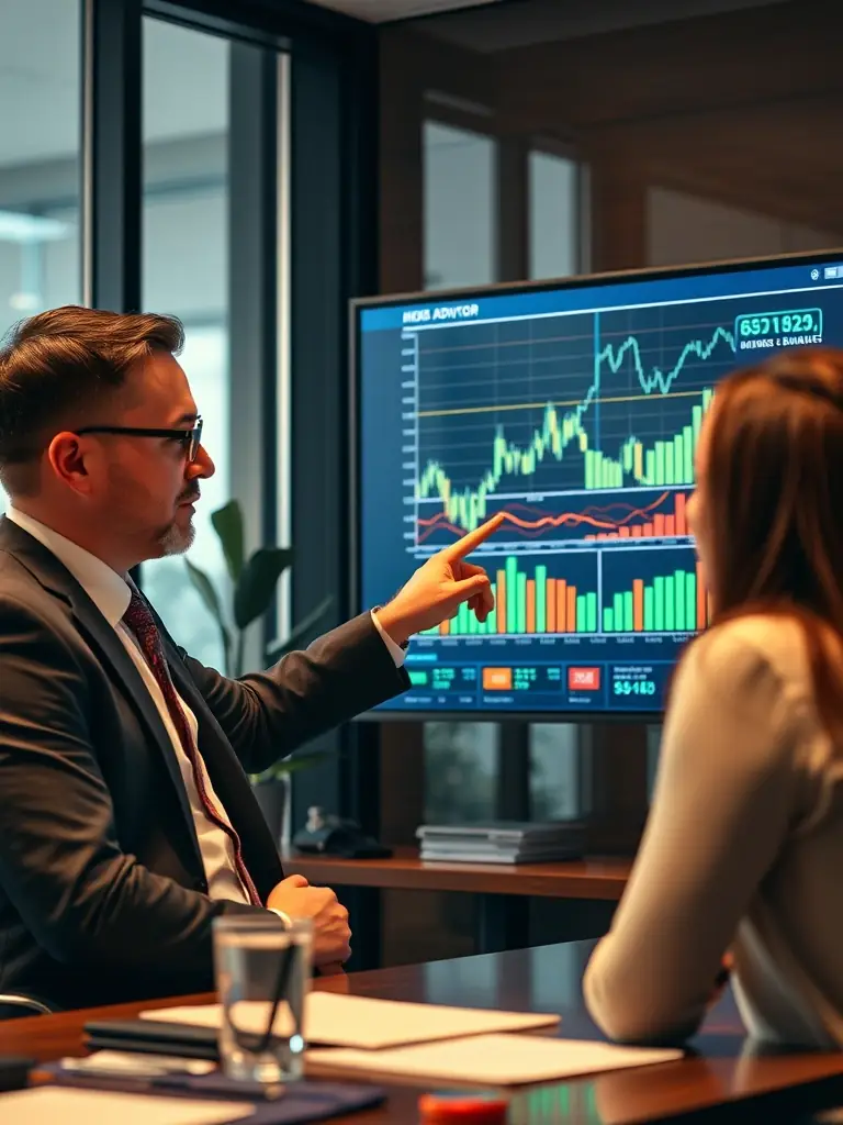 A professional advisor analyzing financial data on a computer screen, with Mexican stock market charts in the background, symbolizing investment strategy planning.